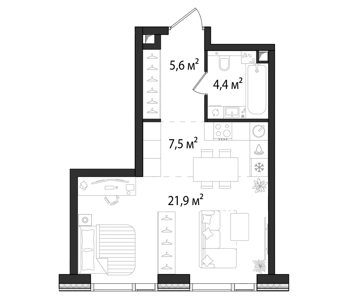 Планировка Студии 39 м² в ЖК «Первый Нагатинский», корпус 2