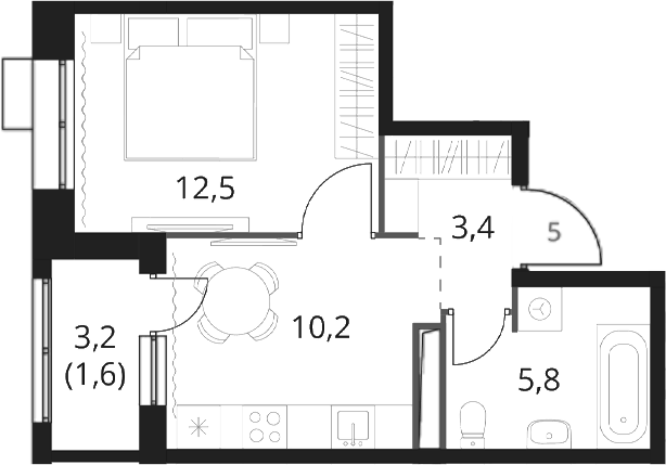 Планировка однокомнатная 33.5 м² в ЖК «1-й Саларьевский», корпус 6
