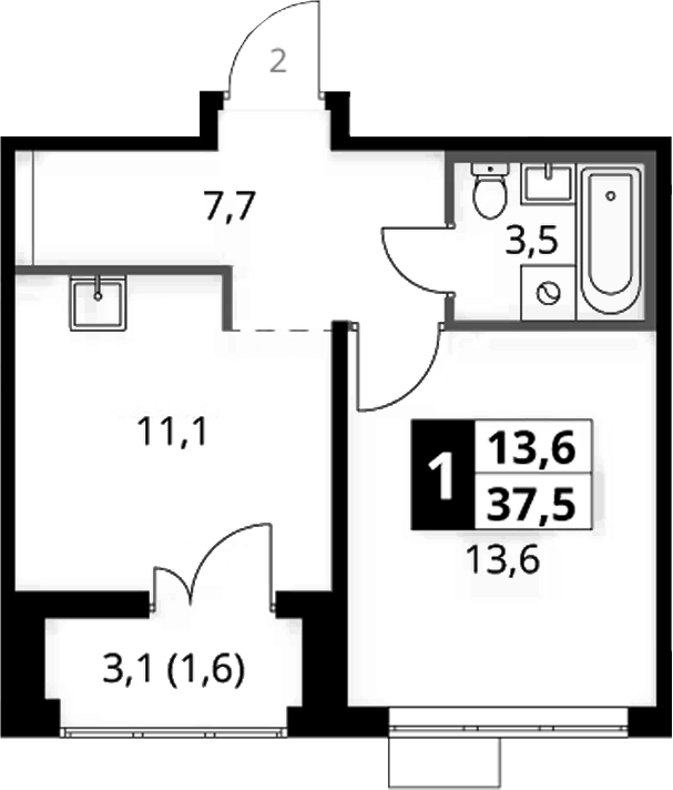 Планировка однокомнатная 37.5 м² в ЖК «1-й Саларьевский», корпус 1