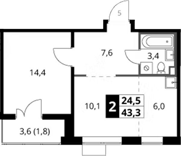 Планировка евродвушка (2Е) 43.3 м² в ЖК «1-й Саларьевский», корпус 1