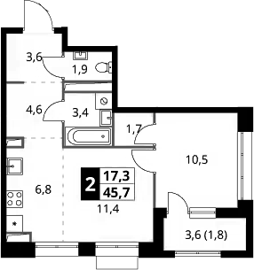 Планировка евродвушка (2Е) 45.7 м² в ЖК «1-й Саларьевский», корпус 6
