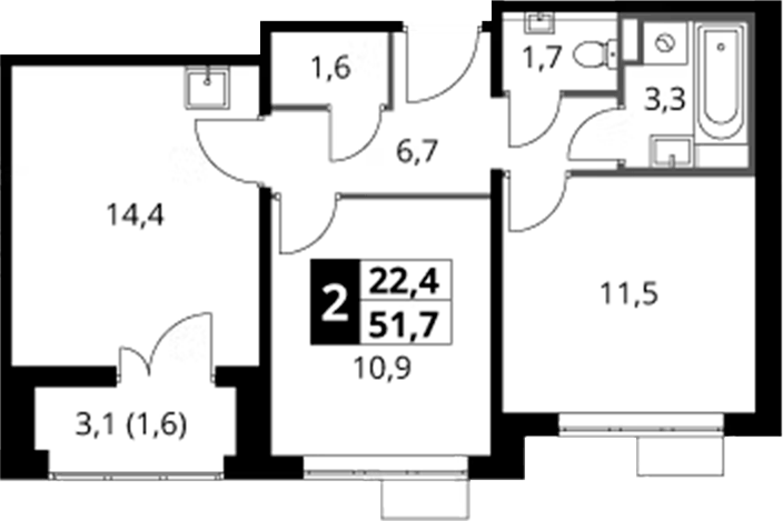 Планировка двухкомнатная 51.7 м² в ЖК «1-й Саларьевский», корпус 1