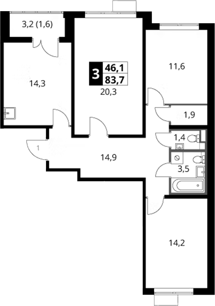 Планировка трёхкомнатная 83.7 м² в ЖК «1-й Саларьевский», корпус 1