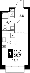 Планировка Студии 25.7 м² в ЖК «1-й Саларьевский», корпус 6