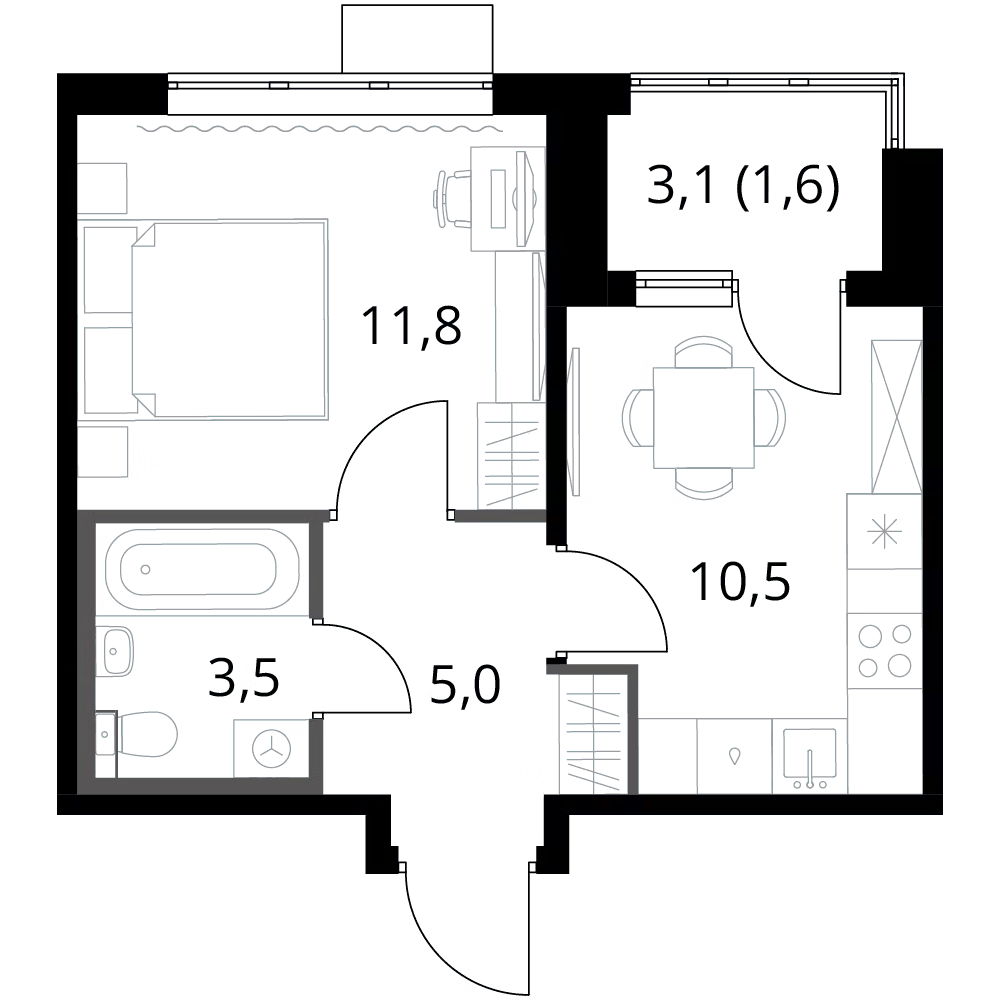 Планировка однокомнатная 32.4 м² в ЖК «1-й Шереметьевский», корпус 4
