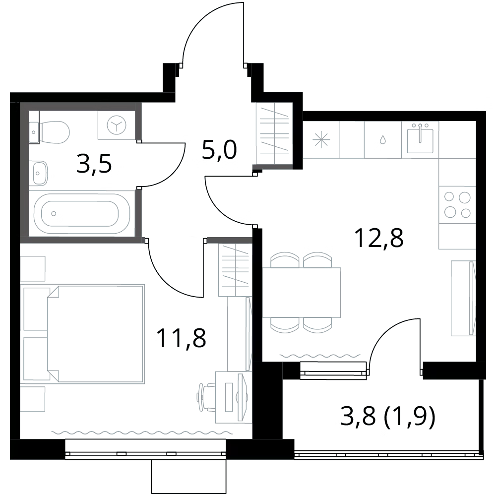 Планировка однокомнатная 35 м² в ЖК «1-й Шереметьевский», корпус 4