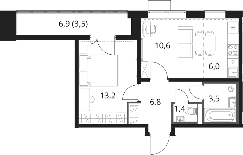 Планировка евродвушка (2Е) 38.3 м² в ЖК «1-й Шереметьевский», корпус 5