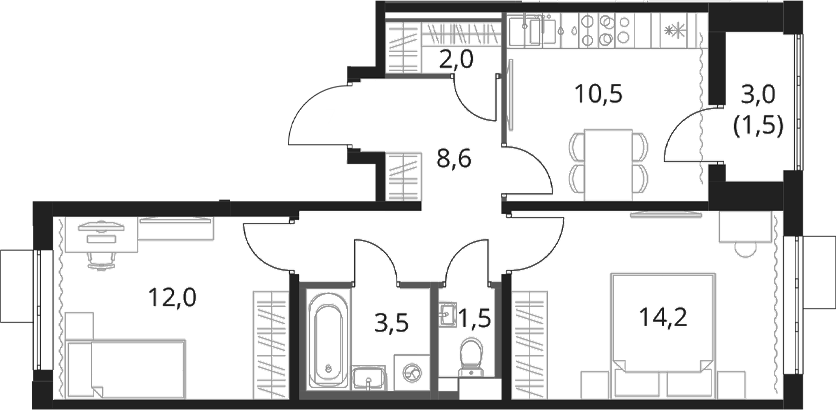 Планировка двухкомнатная 53.8 м² в ЖК «1-й Шереметьевский», корпус 5