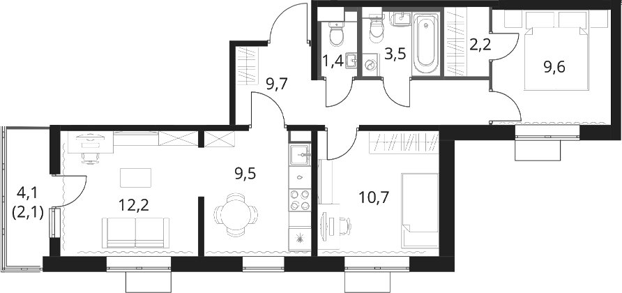 Планировка евротрёшка (3Е) 60.9 м² в ЖК «1-й Шереметьевский», корпус 5