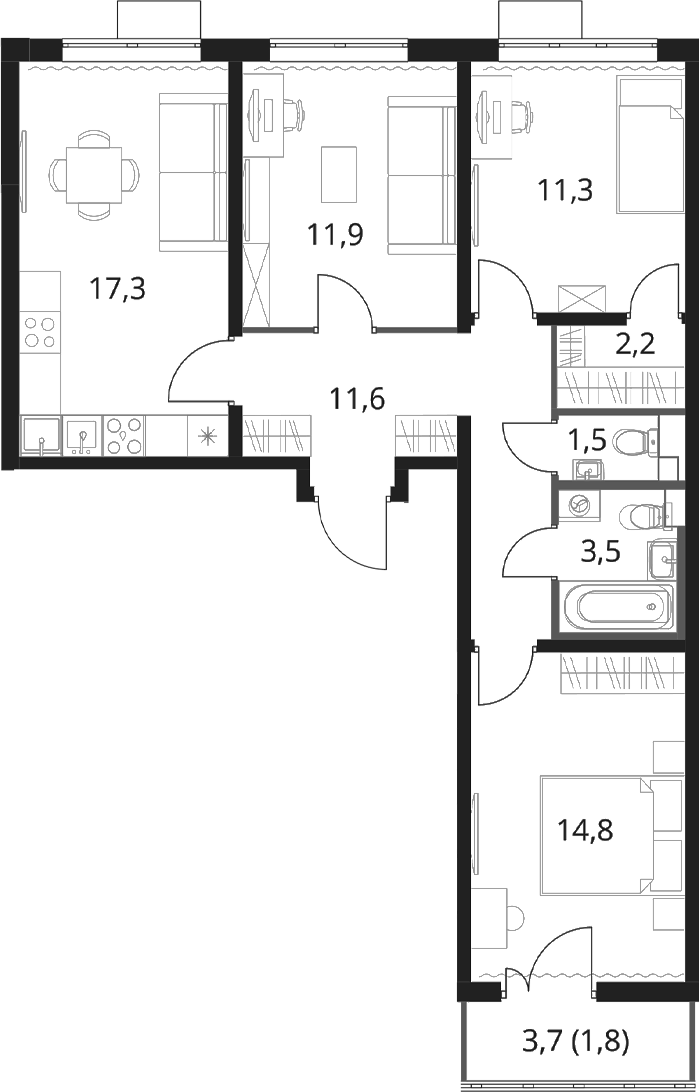 Планировка трёхкомнатная 75.9 м² в ЖК «1-й Шереметьевский», корпус 5