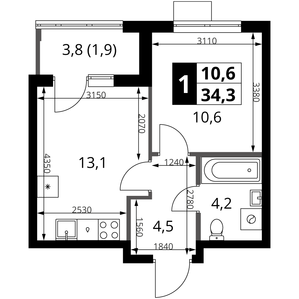 Планировка однокомнатная 34.3 м² в ЖК «1-й Ясеневский», корпус 1