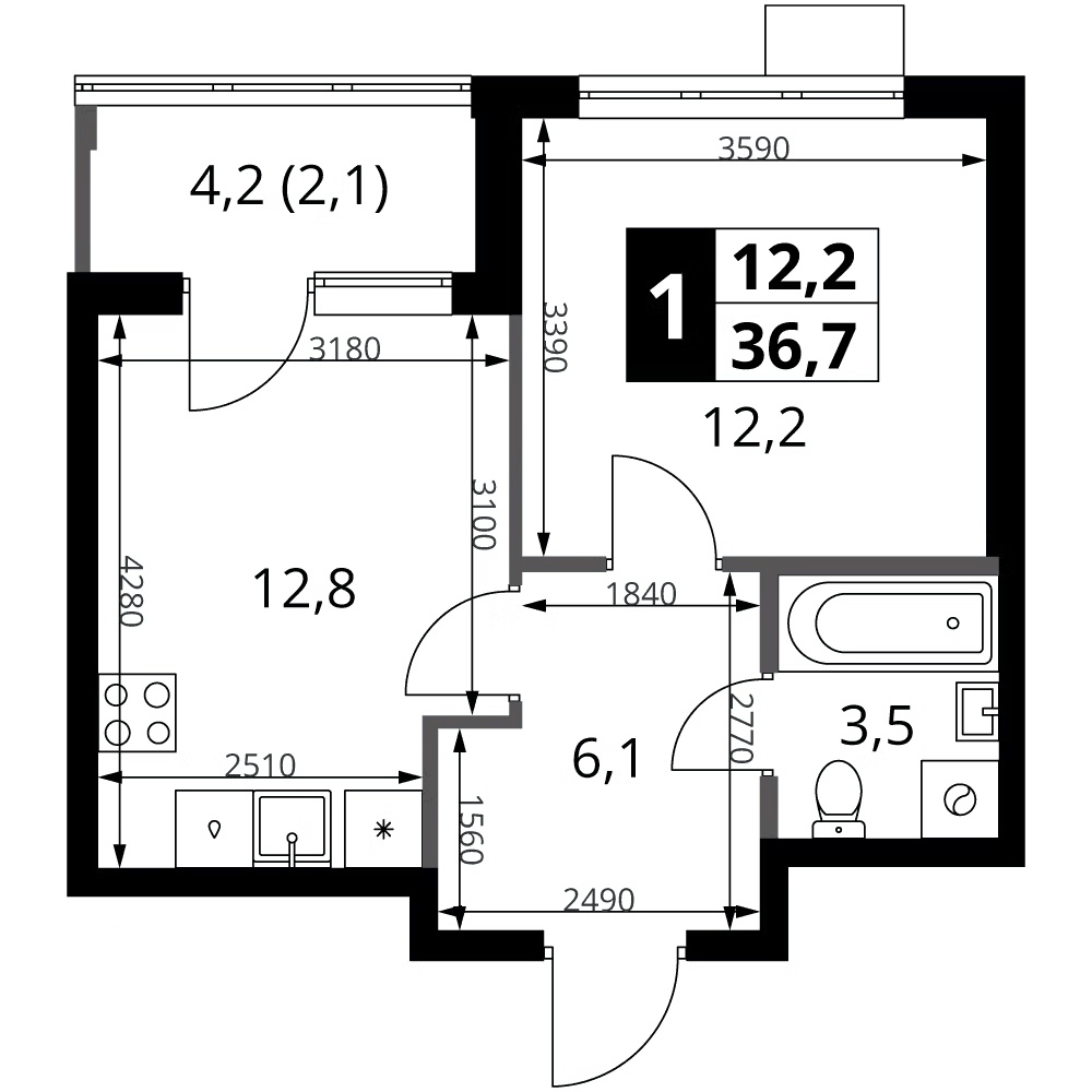 Планировка однокомнатная 36.7 м² в ЖК «1-й Ясеневский», корпус 1