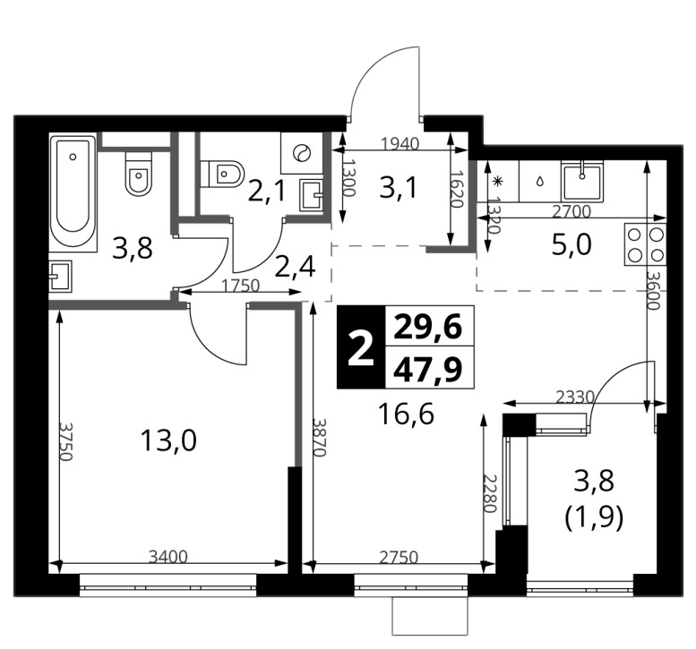 Планировка евродвушка (2Е) 47.9 м² в ЖК «1-й Ясеневский», корпус 1