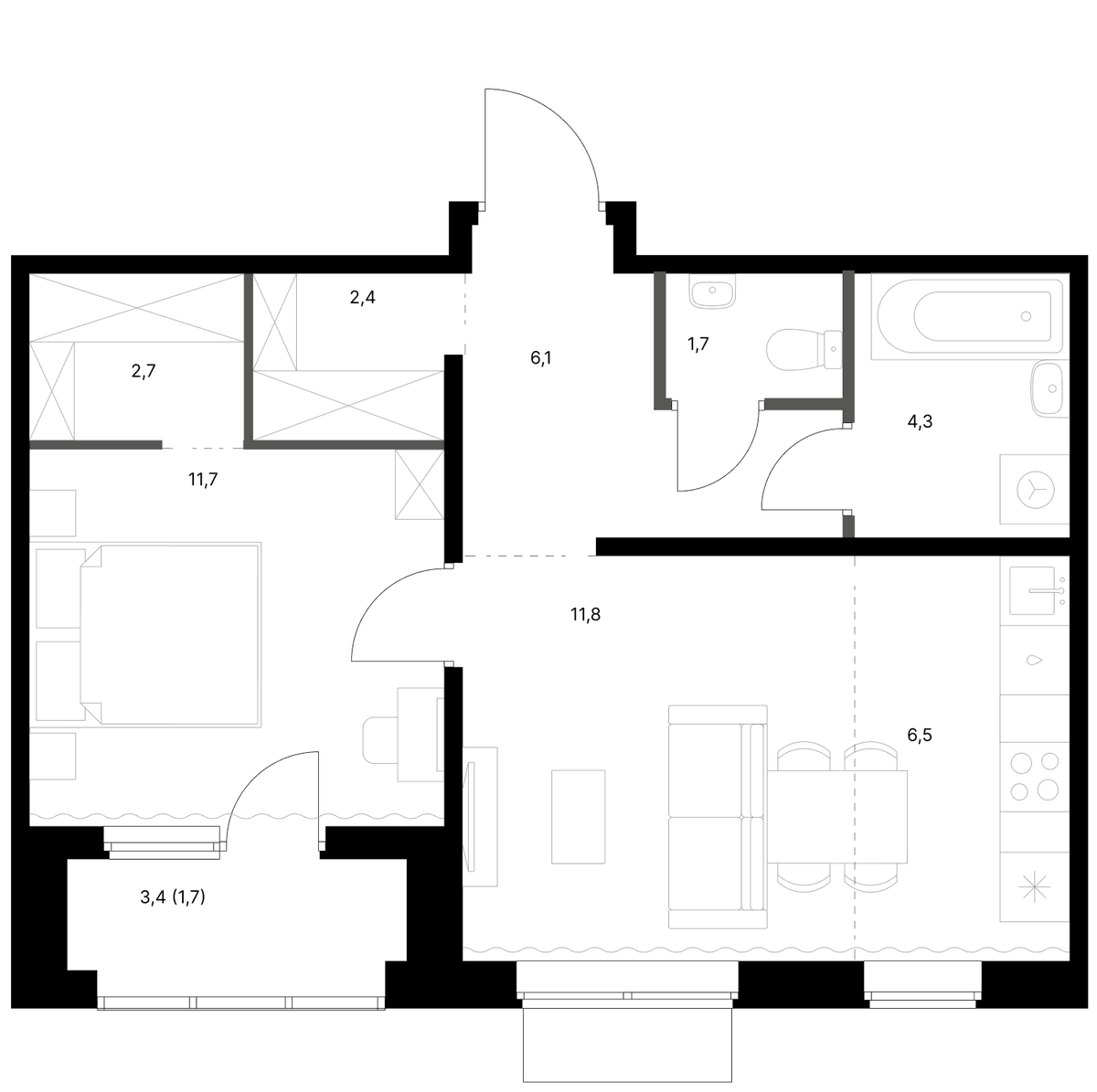 Планировка евродвушка (2Е) 48.9 м² в ЖК «1-й Ясеневский», корпус 4