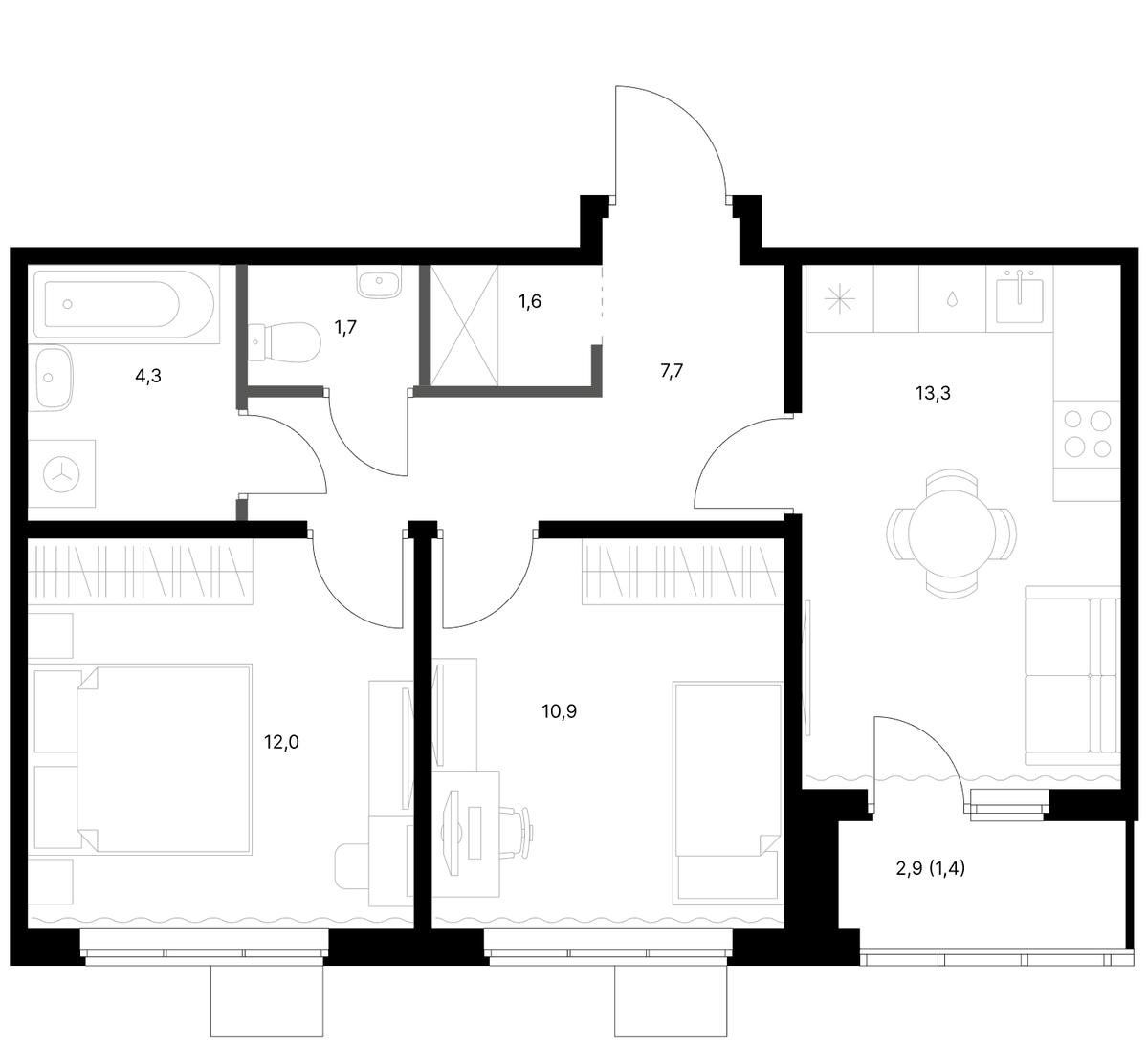 Планировка двухкомнатная 52.8 м² в ЖК «1-й Ясеневский», корпус 4