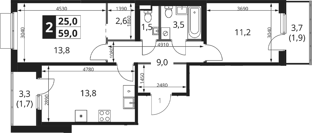Планировка двухкомнатная 59 м² в ЖК «1-й Ясеневский», корпус 4