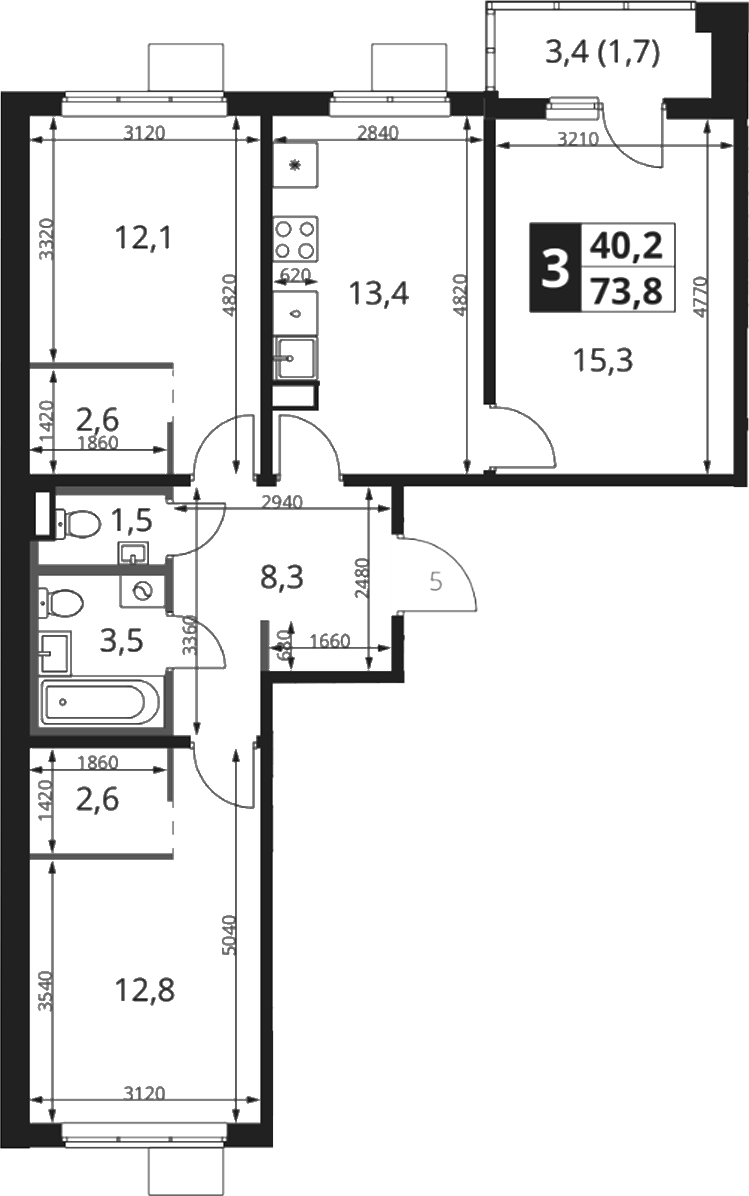 Планировка трёхкомнатная 73.8 м² в ЖК «1-й Ясеневский», корпус 4
