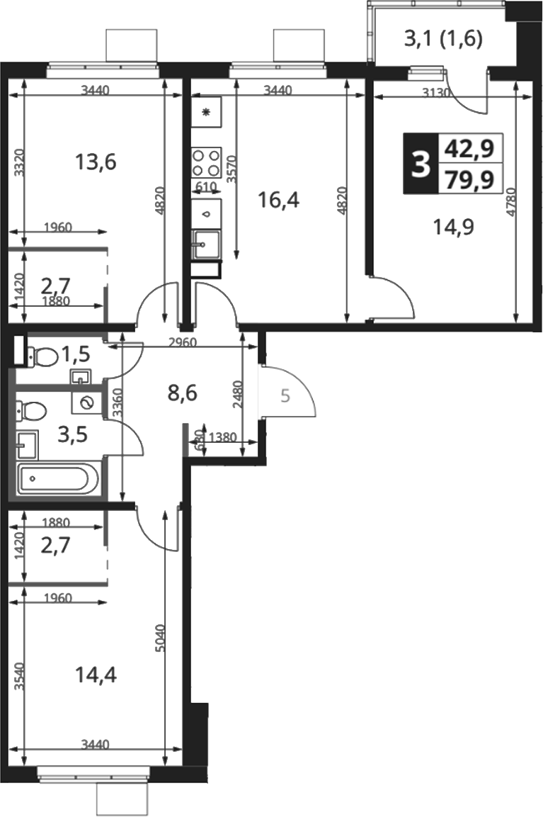 Планировка трёхкомнатная 79.9 м² в ЖК «1-й Ясеневский», корпус 4