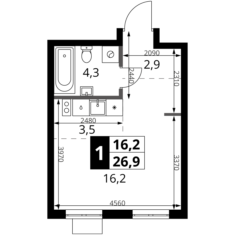 Планировка Студии 26.9 м² в ЖК «1-й Ясеневский», корпус 1