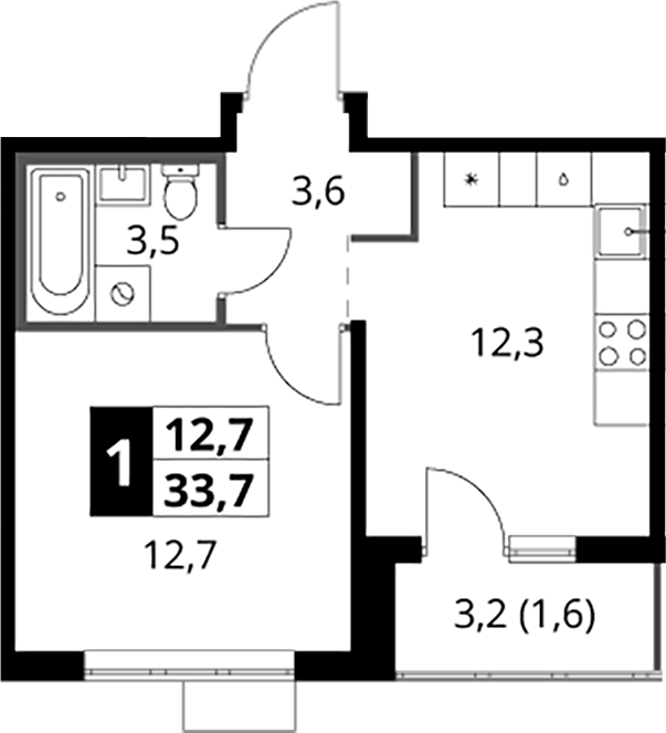 Планировка однокомнатная 33.7 м² в ЖК «1-й Южный», корпус 10