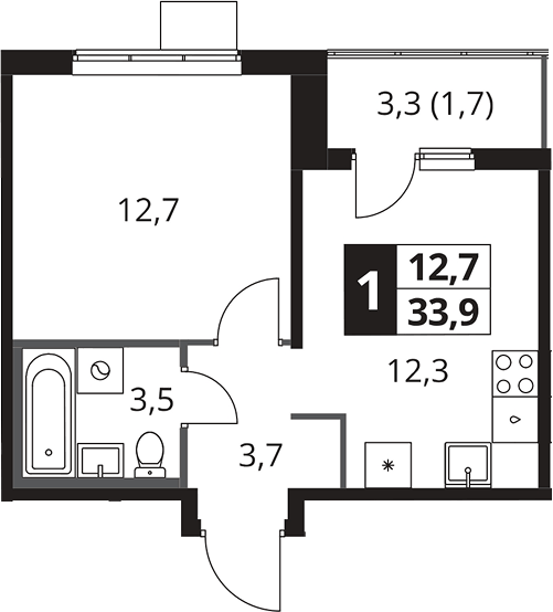 Планировка однокомнатная 33.9 м² в ЖК «1-й Южный», корпус 11