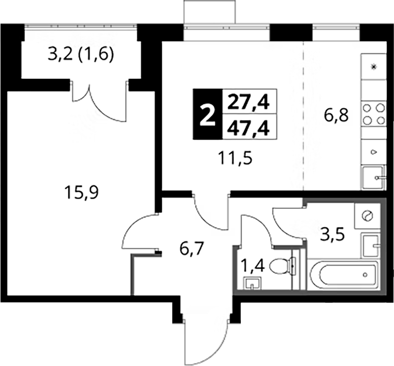 Планировка евродвушка (2Е) 47.4 м² в ЖК «1-й Южный», корпус 10