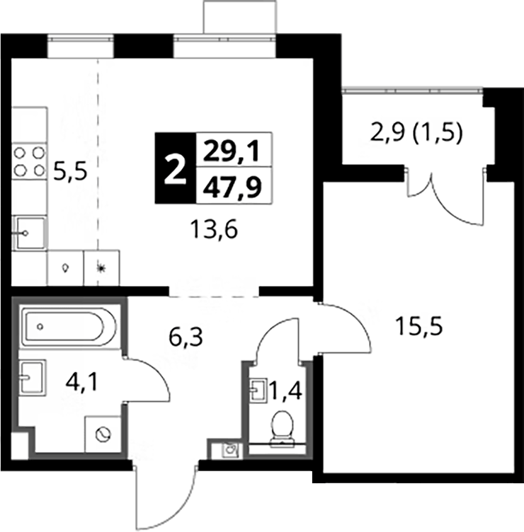 Планировка евродвушка (2Е) 47.9 м² в ЖК «1-й Южный», корпус 10