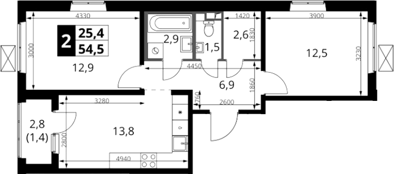 Планировка двухкомнатная 54.5 м² в ЖК «1-й Южный», корпус 1.4