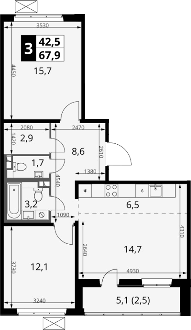 Планировка евротрёшка (3Е) 67.9 м² в ЖК «1-й Южный», корпус 1.4