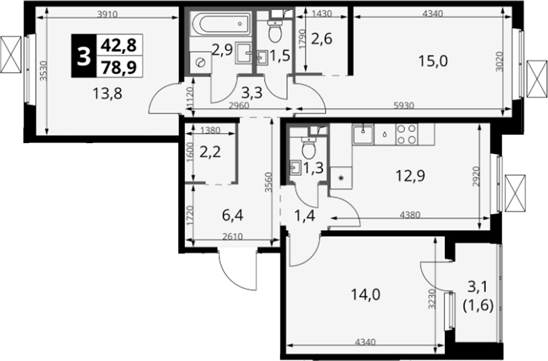 Планировка трёхкомнатная 78.9 м² в ЖК «1-й Южный», корпус 1.4