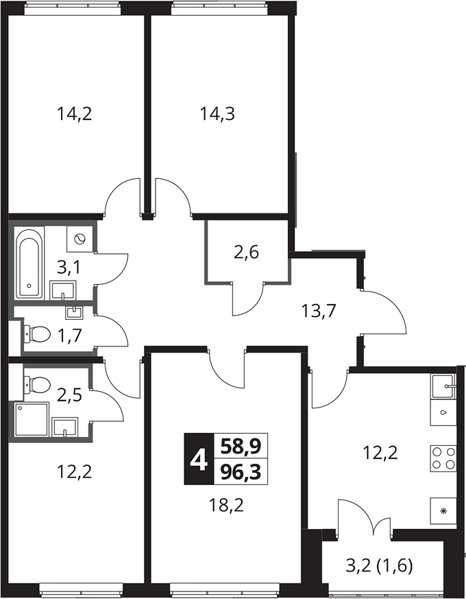 Планировка четырёхкомнатная 96.3 м² в ЖК «1-й Южный», корпус 11