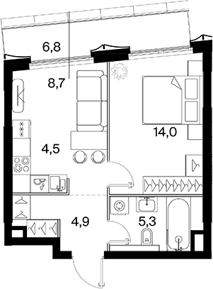 Планировка однокомнатная 39.4 м² в ЖК «26 ПАРКВЬЮ», корпус 1
