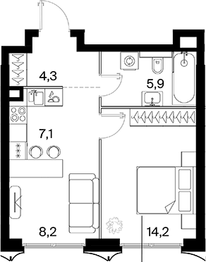 Планировка евродвушка (2Е) 39.8 м² в ЖК «26 ПАРКВЬЮ», корпус 1