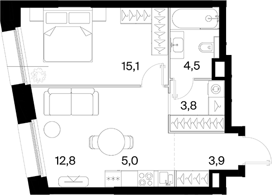 Планировка евродвушка (2Е) 45.1 м² в ЖК «26 ПАРКВЬЮ», корпус 1