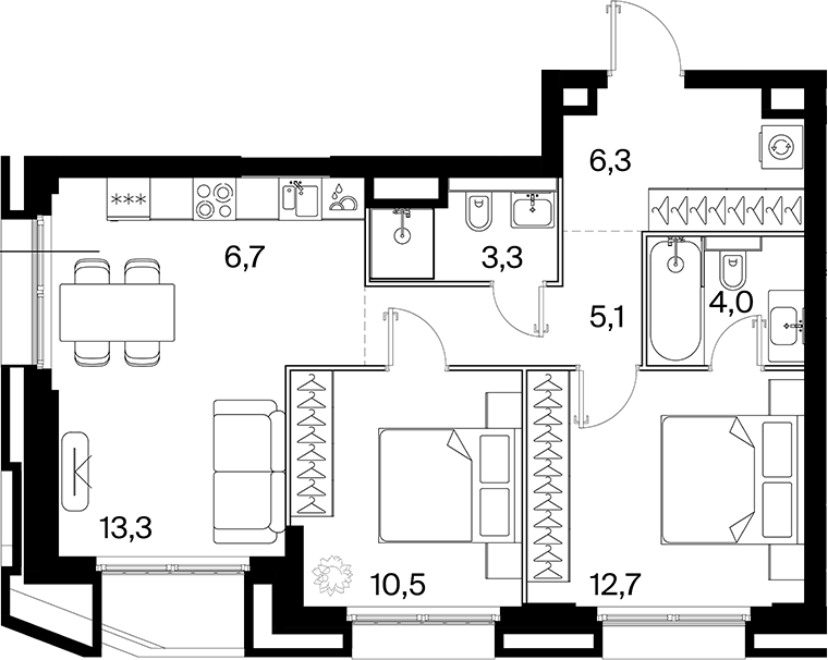 Планировка евротрёшка (3Е) 61.94 м² в ЖК «26 ПАРКВЬЮ», корпус 1