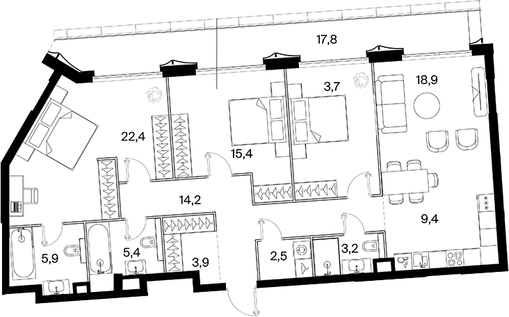 Планировка евро-4 (4Е) 119.55 м² в ЖК «26 ПАРКВЬЮ», корпус 1