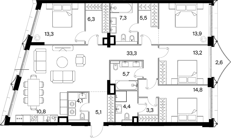 Планировка 5Е-к.кв 141.8 м² в ЖК «26 ПАРКВЬЮ», корпус 1