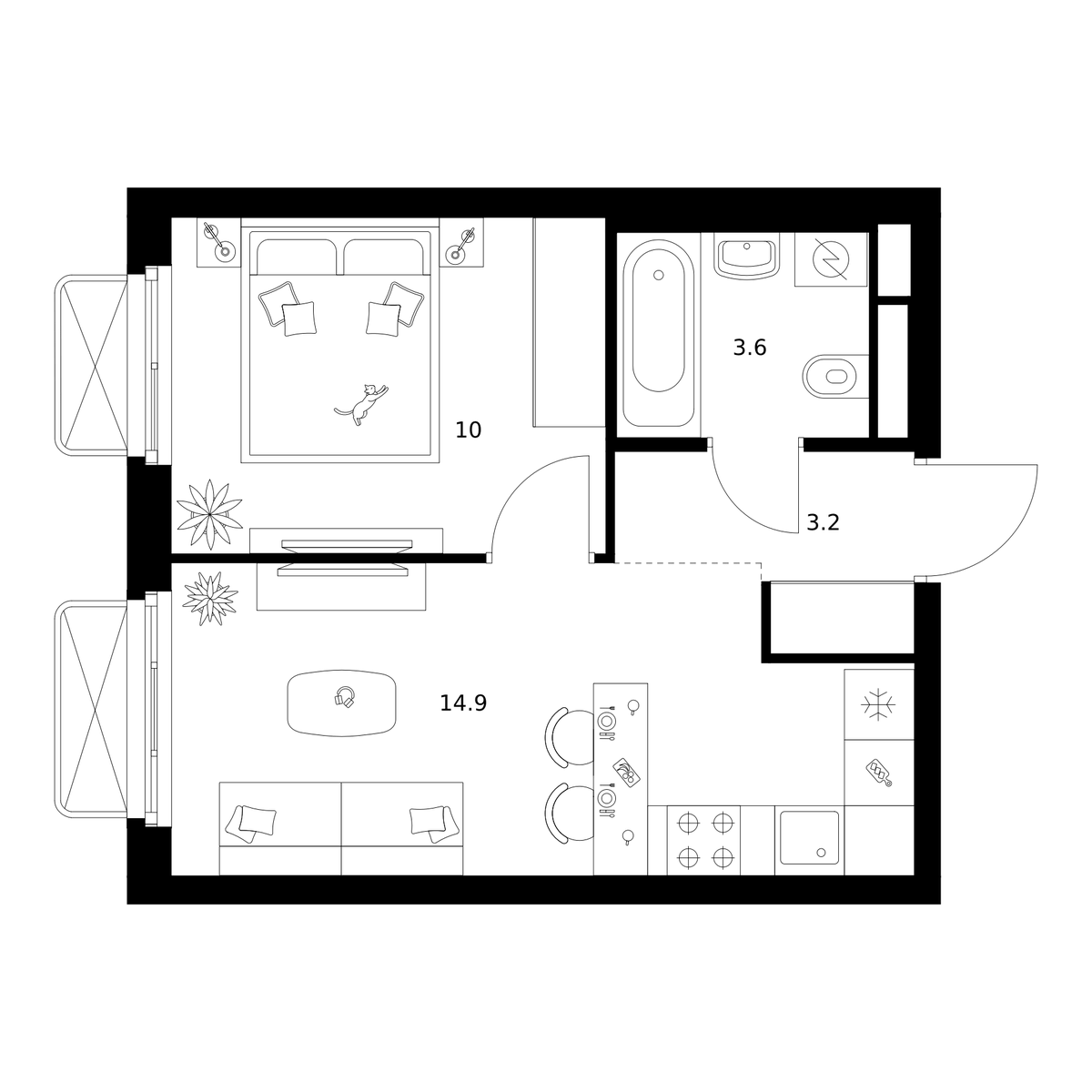 Планировка однокомнатная 31.7 м² в ЖК «2-й Иртышский», корпус 1.5