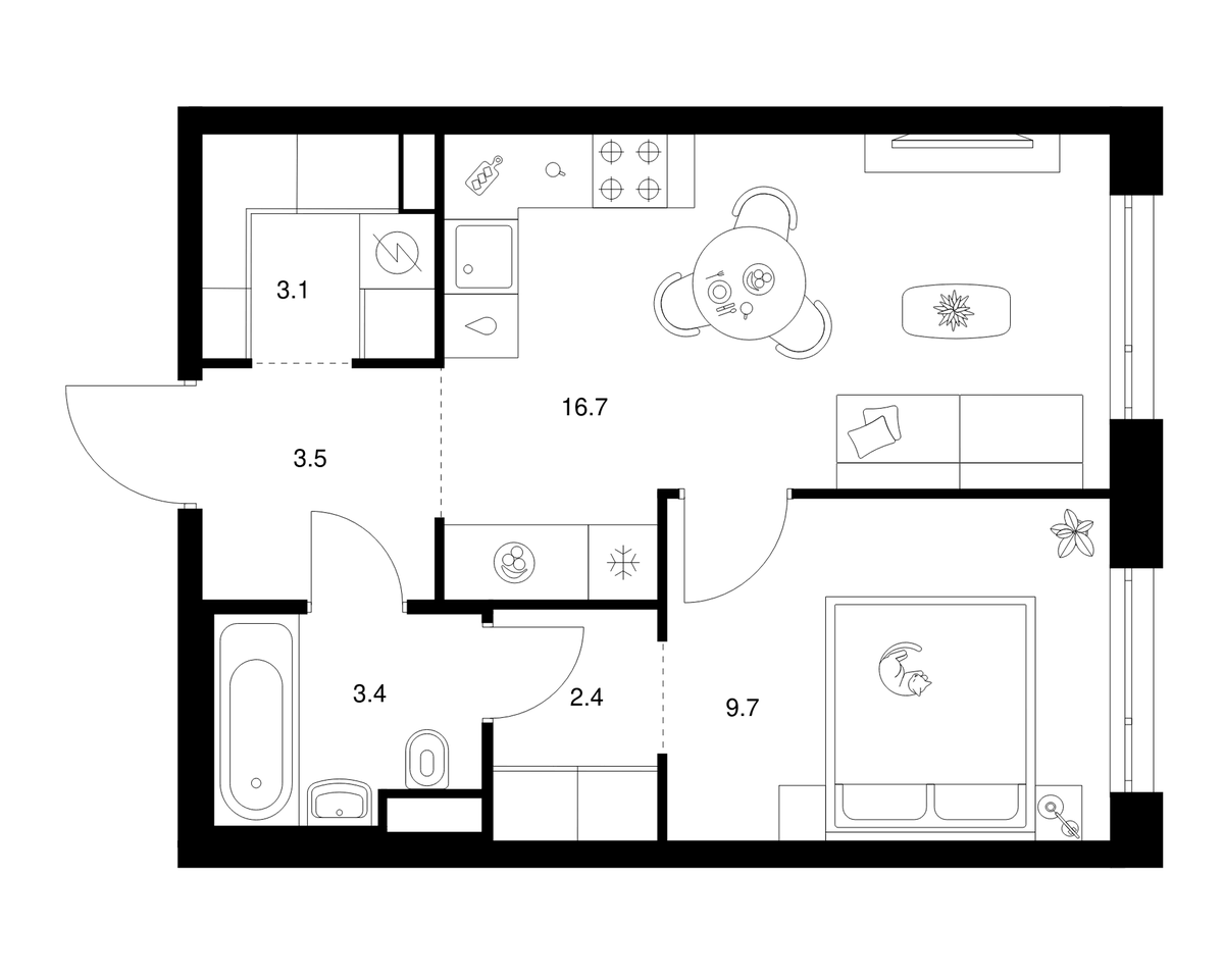 Планировка однокомнатная 38.8 м² в ЖК «2-й Иртышский», корпус 1.1