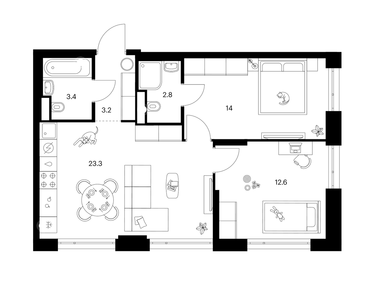 Планировка двухкомнатная 59.3 м² в ЖК «2-й Иртышский», корпус 1.1