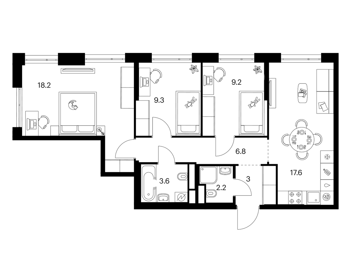 Планировка трёхкомнатная 69.9 м² в ЖК «2-й Иртышский», корпус 1.1