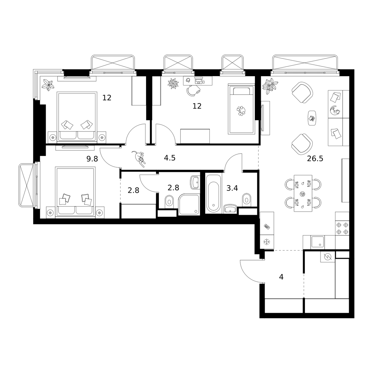 Планировка трёхкомнатная 83.5 м² в ЖК «2-й Иртышский», корпус 1.5
