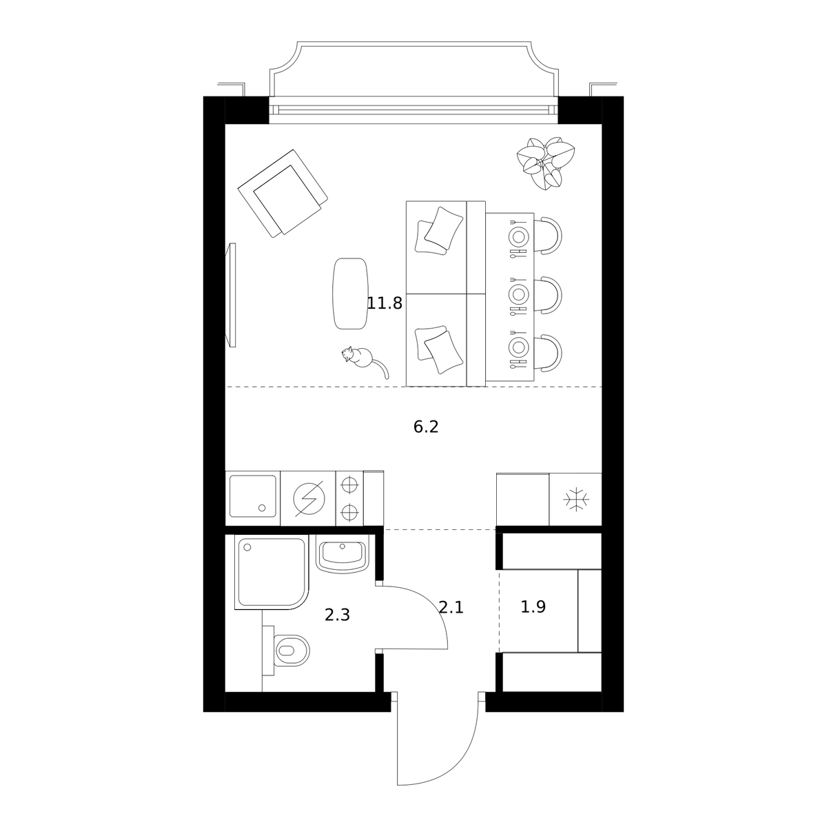 Планировка Студии 24.3 м² в ЖК «2-й Иртышский», корпус 1.2