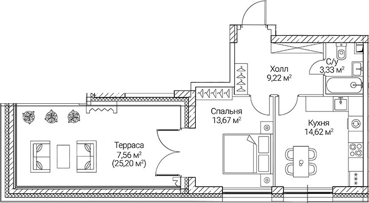 Планировка однокомнатная 48.4 м² в ЖК «СЕЗАР СИТИ», корпус 3