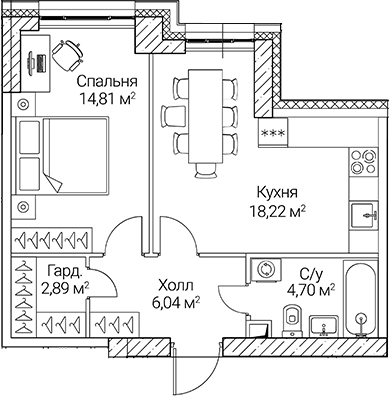Планировка евродвушка (2Е) 46.66 м² в ЖК «СЕЗАР СИТИ», корпус 3