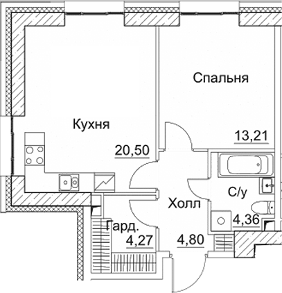 Планировка евродвушка (2Е) 47.14 м² в ЖК «СЕЗАР СИТИ», корпус 4