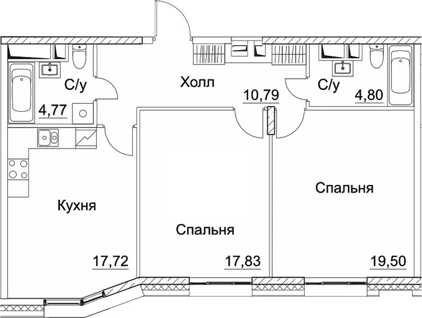 Планировка двухкомнатная 75.41 м² в ЖК «СЕЗАР СИТИ», корпус 1