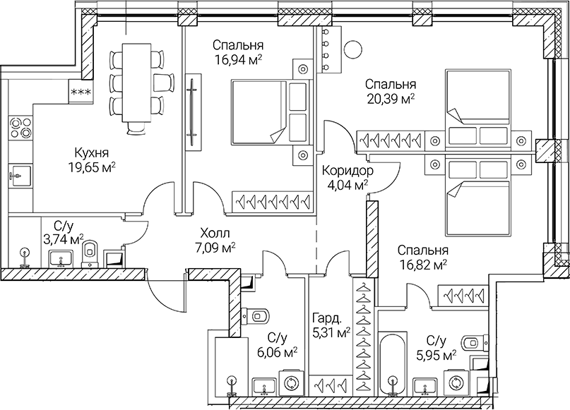 Планировка евро-4 (4Е) 105.99 м² в ЖК «СЕЗАР СИТИ», корпус 3