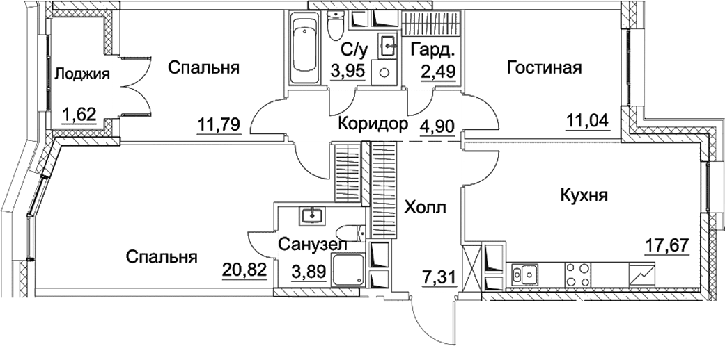 Планировка евро-4 (4Е) 85.48 м² в ЖК «СЕЗАР СИТИ», корпус 1