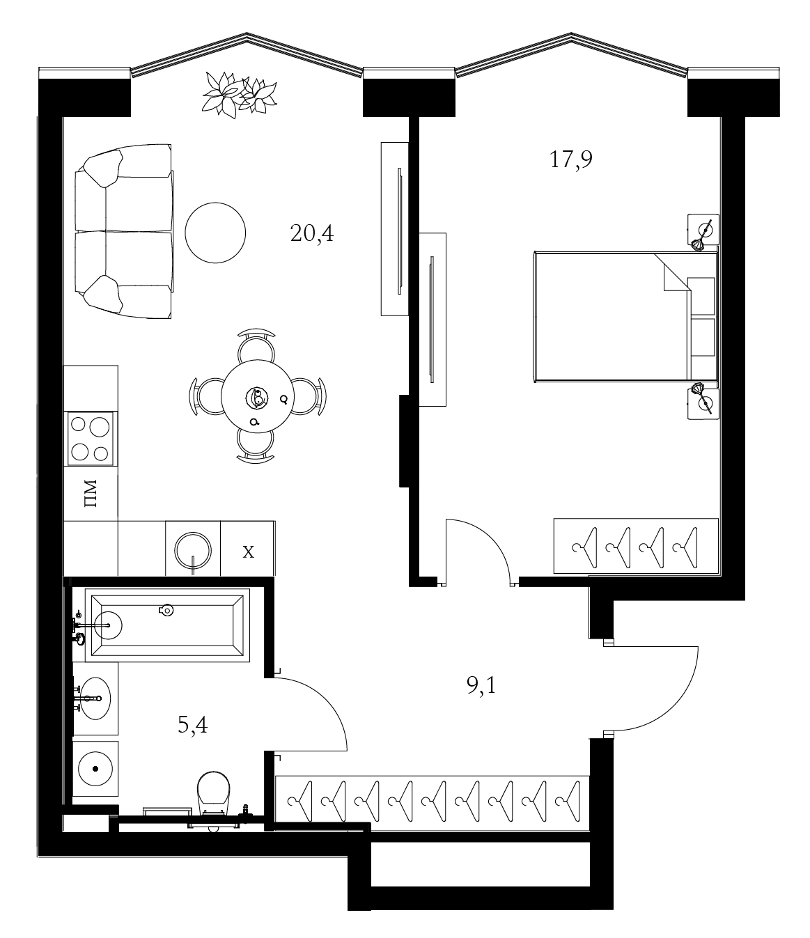 Планировка евродвушка (2Е) 50.4 м² в ЖК «A. Residence», корпус А5
